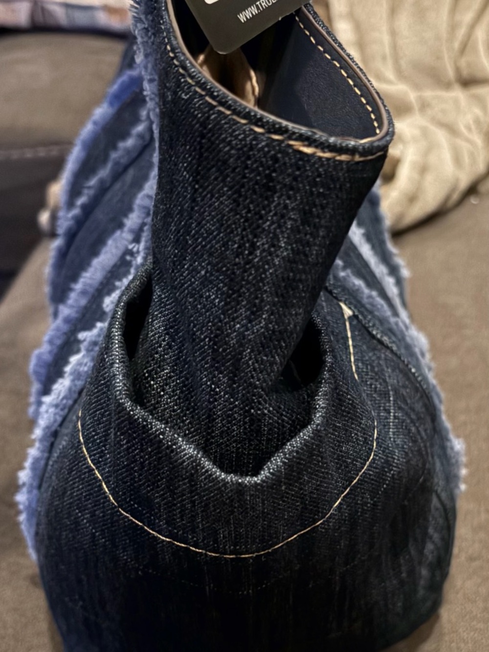 True Religion Dark Denim Tote Bag with Shearling Trim - Picture 4 of 10